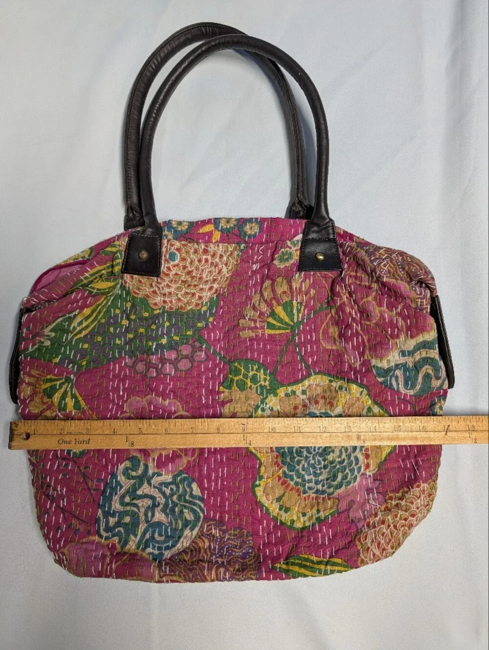 Vintage Quilted Floral Kantha Tote with Multicolor Accents + Leather Straps